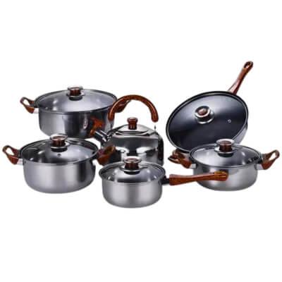 12-Piece Pot Set Stainless Steel Base with Wooden Grain Finish - Kitch Empire