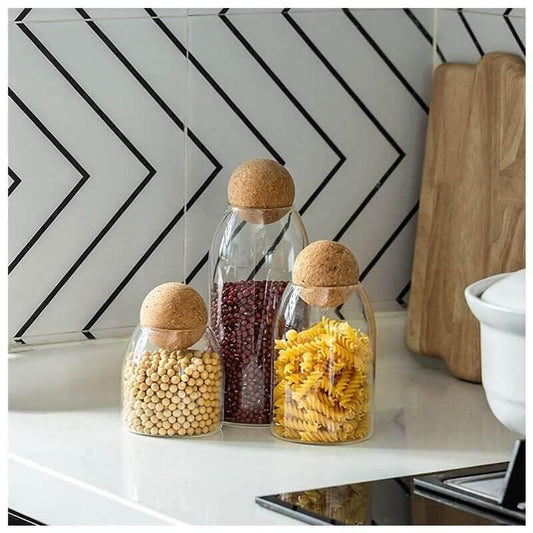 3 Piece Glass Jars with Airtight Ball Cork Lid - Kitch Empire