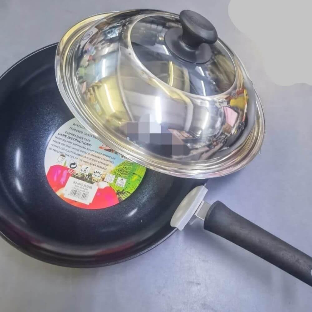 32cm Non-Stick Wok Pan with Stainless Steel and Tempered Glass Lid - Kitch Empire