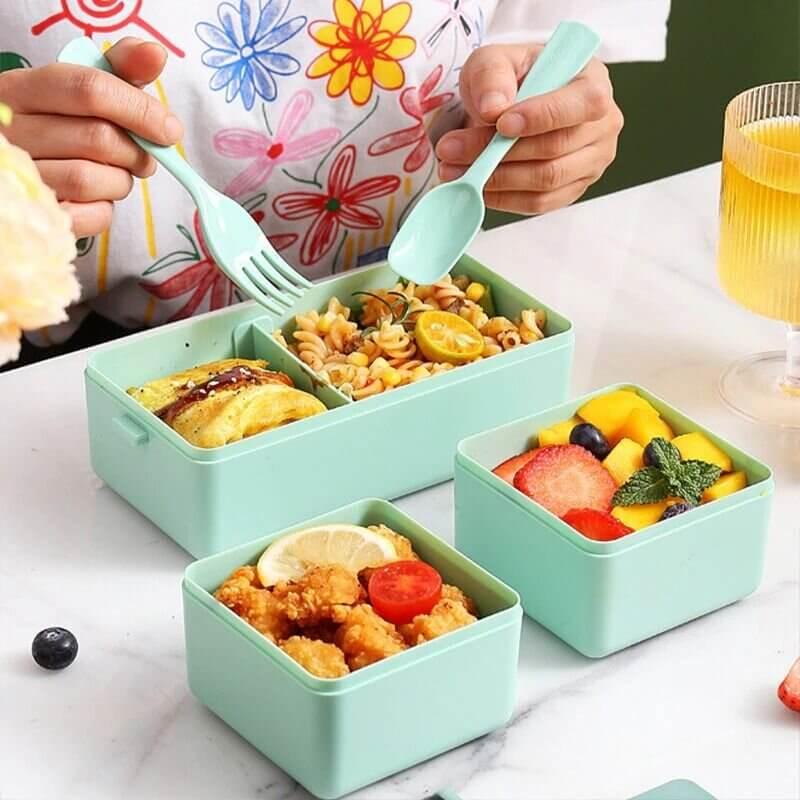 4 In 1 Double Layer Plastic Lunch Box With Cutlery Set - Kitch Empire