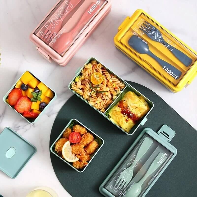 4 In 1 Double Layer Plastic Lunch Box With Cutlery Set - Kitch Empire