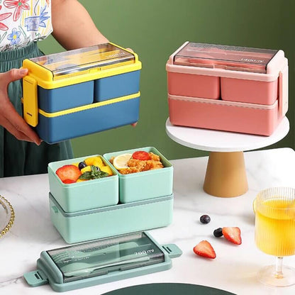 4 In 1 Double Layer Plastic Lunch Box With Cutlery Set - Kitch Empire