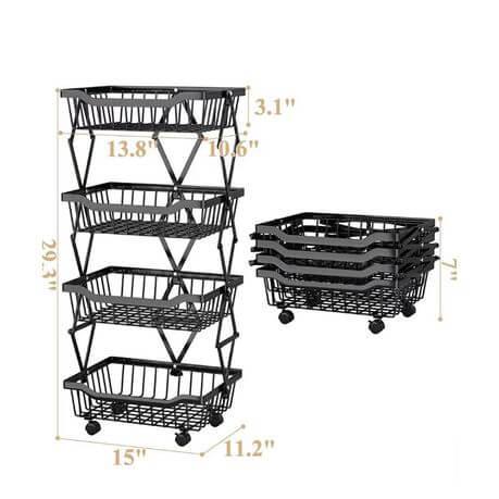 4 Tier Carbon Steel Kitchen Storage Collapsible Basket Rolling Cart - Kitch Empire