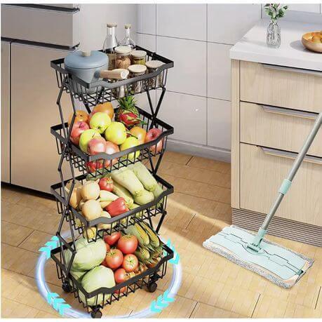 4 Tier Carbon Steel Kitchen Storage Collapsible Basket Rolling Cart - Kitch Empire