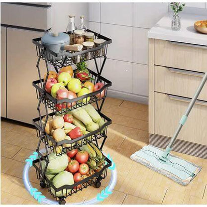 4 Tier Carbon Steel Kitchen Storage Collapsible Basket Rolling Cart - Kitch Empire