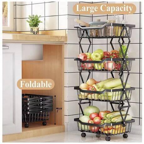 4 Tier Carbon Steel Kitchen Storage Collapsible Basket Rolling Cart - Kitch Empire