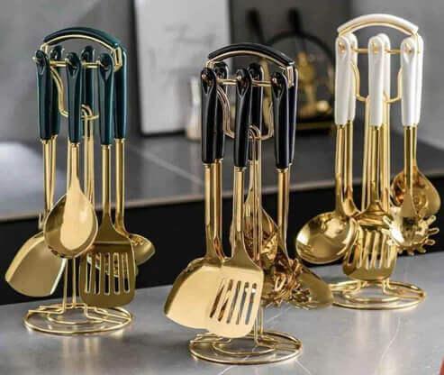 7 Piece Stainless Steel Luxury Cooking Utensils Set With Holder - Kitch Empire