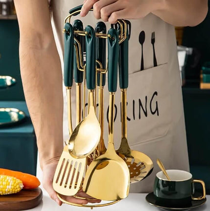 7 Piece Stainless Steel Luxury Cooking Utensils Set With Holder - Kitch Empire