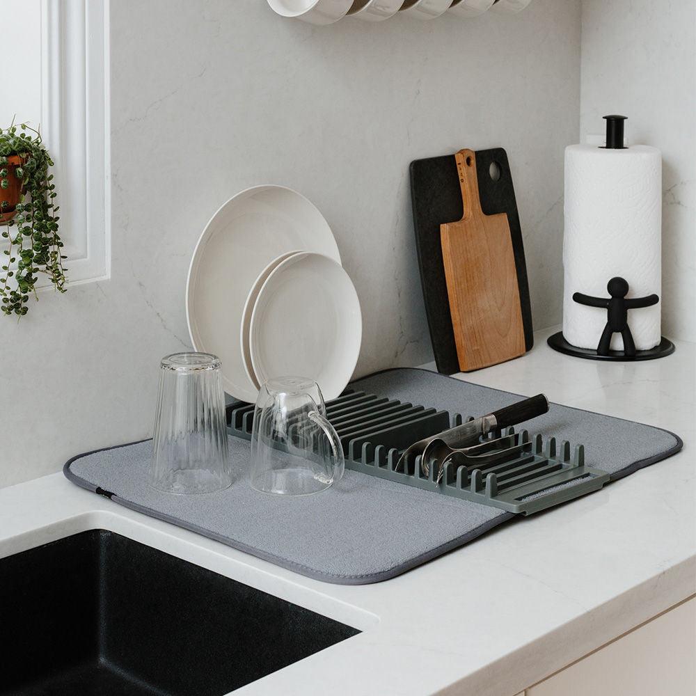 Space Saving Large Charcoal Dish Rack Microfiber Drying Mat - Kitch Empire