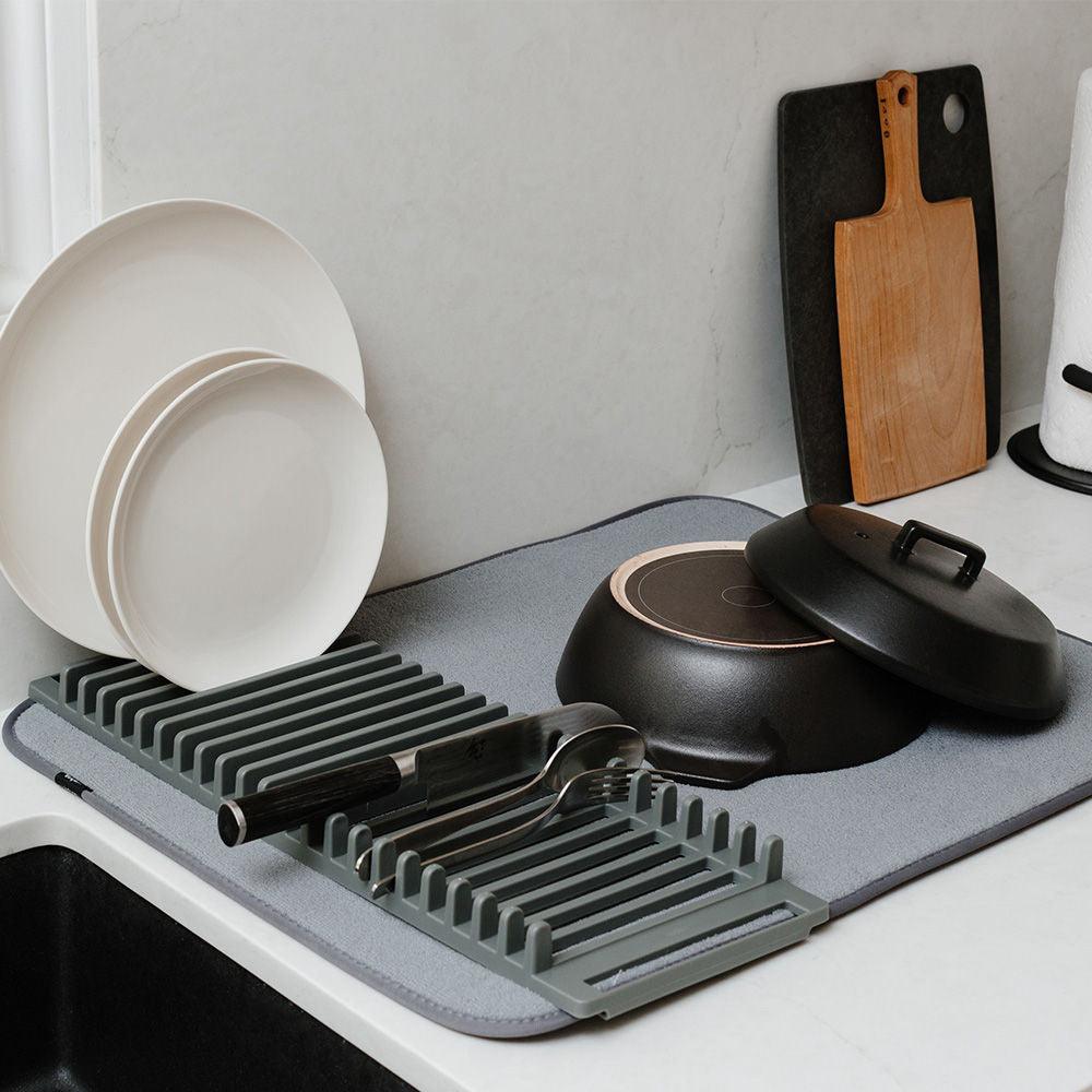 Space Saving Large Charcoal Dish Rack Microfiber Drying Mat - Kitch Empire